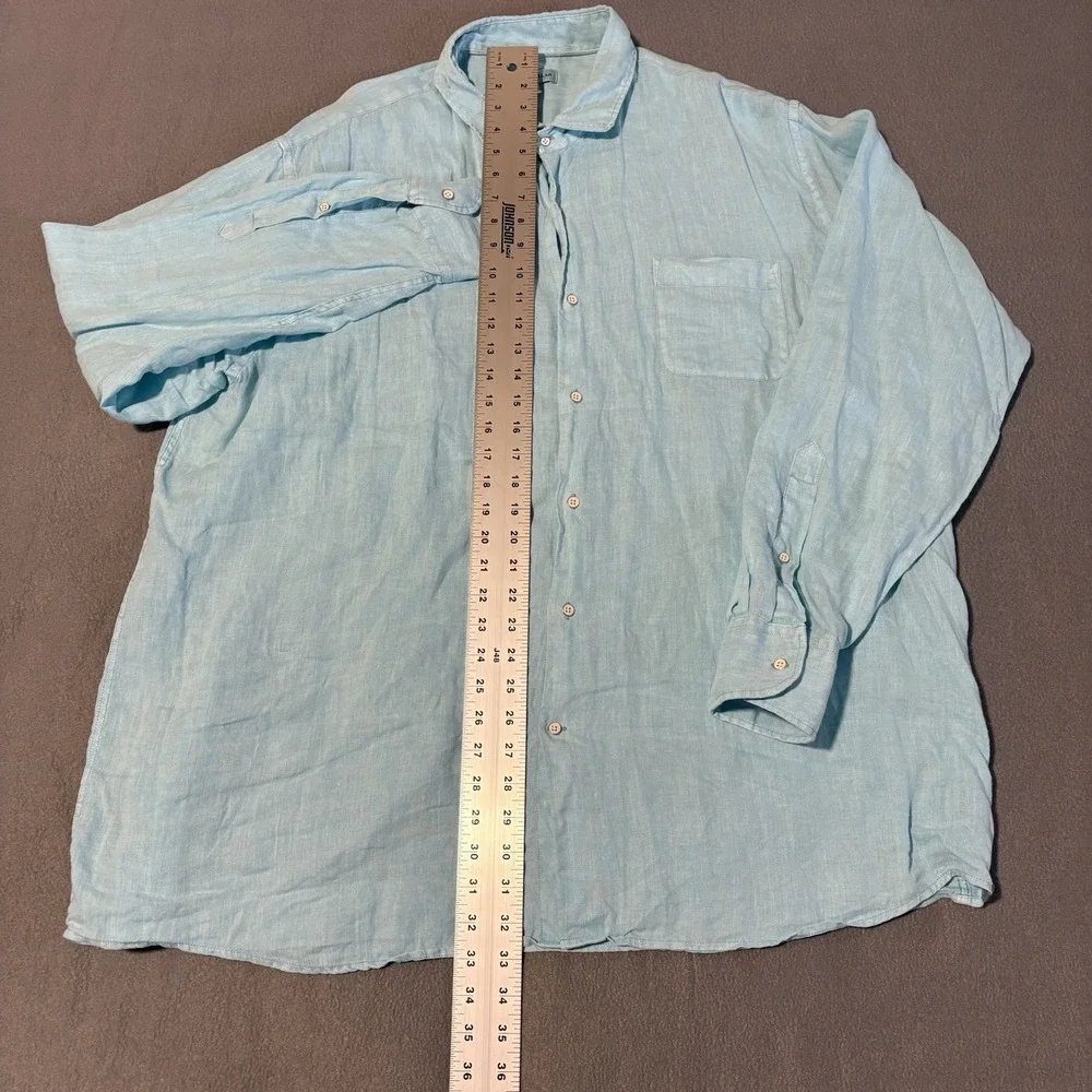 Peter Millar Button Up Shirt Mens XXL Blue 100% Linen Long Sleeve Breezy Hopsack